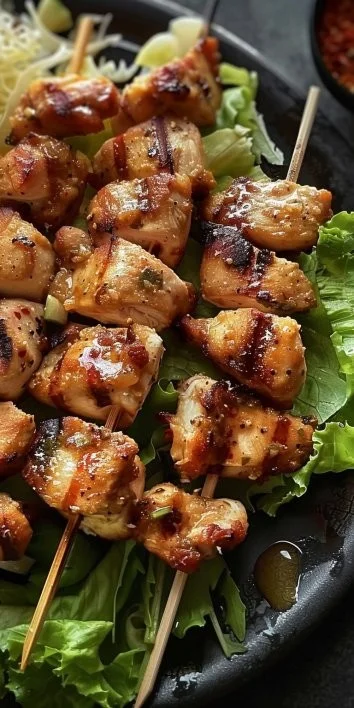 Brochetas estilo ensalada césar con pollo, frescas y sabrosas.