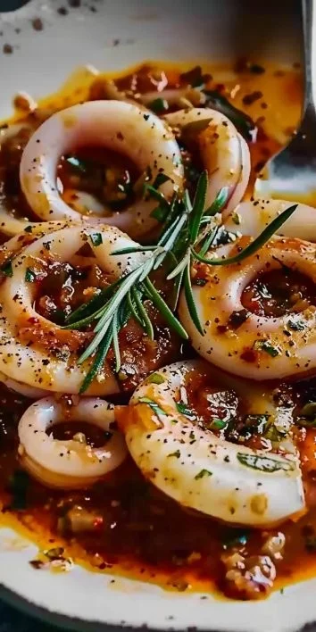 Plato de calamares en salsa servido con guarnición fresca