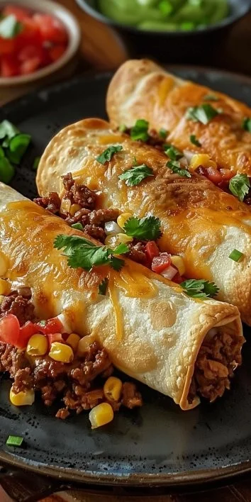 Chimichangas crujientes de carne recién preparadas, listas para servir.
