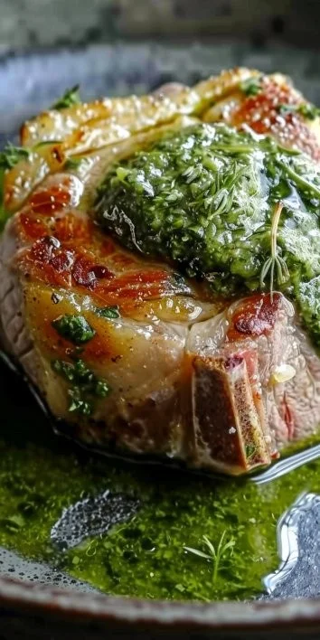 Costillas de ternera en corteza, salsa cremosa de pesto