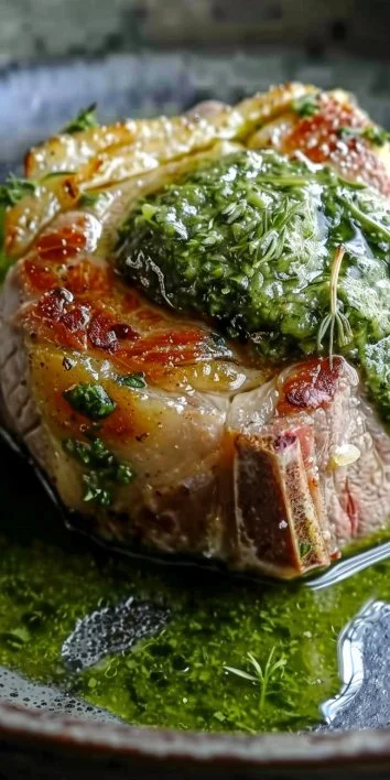 Costillas de ternera en corteza, salsa cremosa de pesto