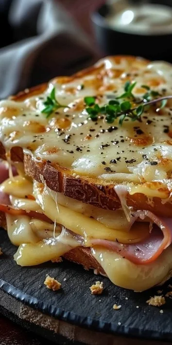 Delicioso Croque Monsieur, un clásico francés de sándwich con queso y jamón.