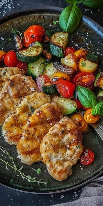 Escalopines de ternera y verduras asadas