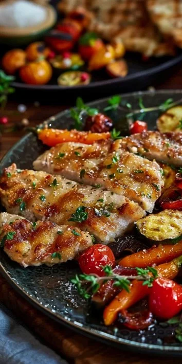 Escalopines de ternera y verduras asadas