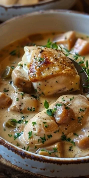 Plato de mijotado cremoso de pollo servido con arroz