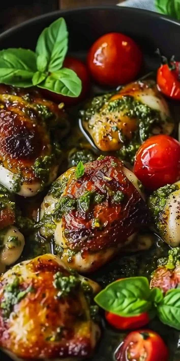 Muslos de pollo con pesto, tomates y halloumi: ¡una explosión de sabor mediterráneo!