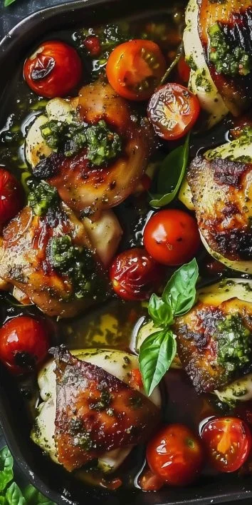 Muslos de pollo con pesto, tomates y halloumi: ¡una explosión de sabor mediterráneo!