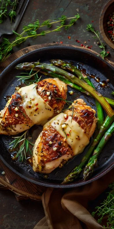 Pechugas de pollo rellenas, espárragos y queso