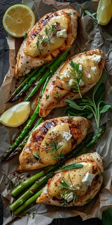 Pechugas de pollo rellenas, espárragos y queso