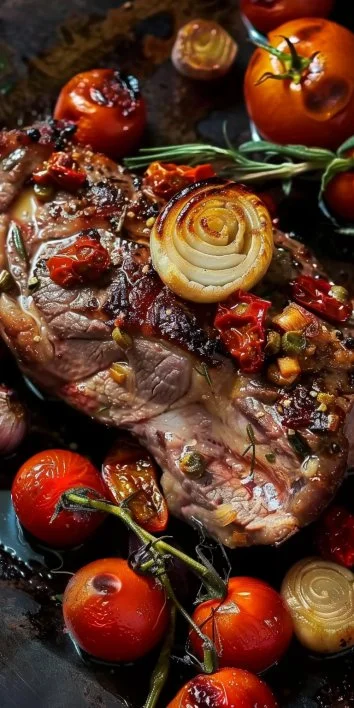 Pierna de Cordero con Verduras y Tomates Confitados