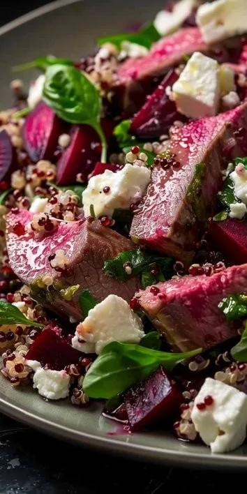 Pierna de cordero sobre ensalada de quinoa y remolachas con feta batido