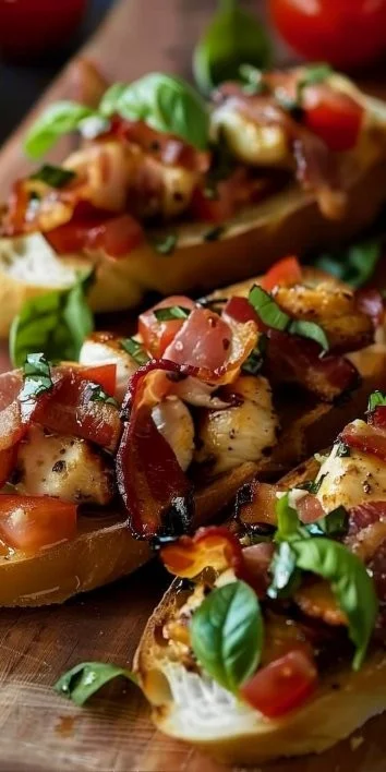 Plato de pollo a la bruschetta con bacon, fresco y sabroso