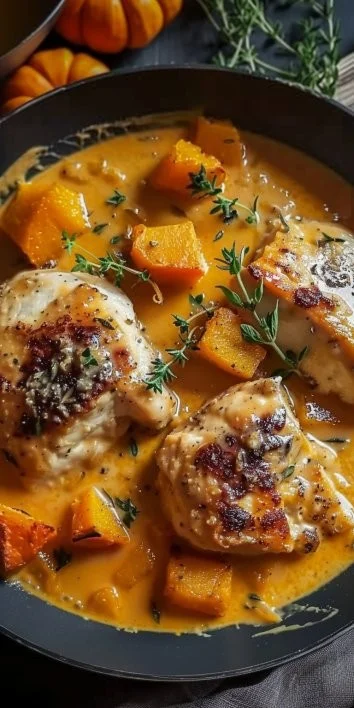 Plato de Pollo con Calabaza Cremoso servido en un tazón