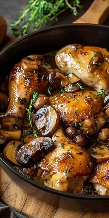 Plato de pollo mostaza con champiñones en una presentación deliciosa.