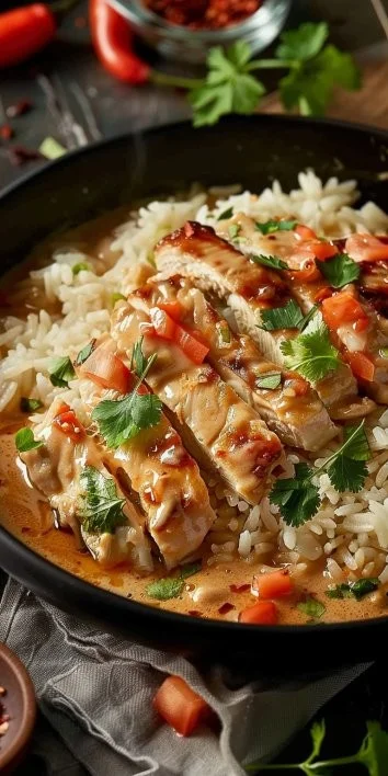 Delicioso plato de Queso Pollo Arroz servido en un tazón colorido.