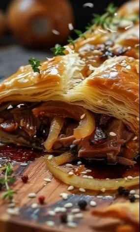 Rollos de Hojaldre con Desmenuzado de Pato, Cebollas Confitadas y Brie