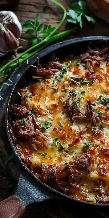 Röstis gratinados con cerdo desmenuzado