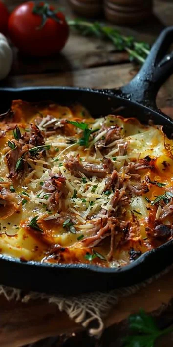 Röstis gratinados con cerdo desmenuzado