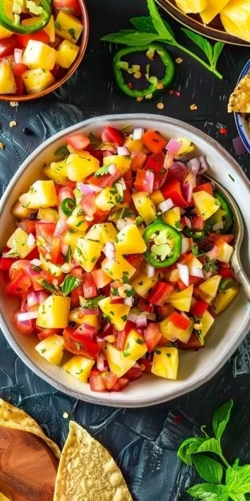 Salsa de piña con jalapeño picante, guarnición fresca y sabrosa.