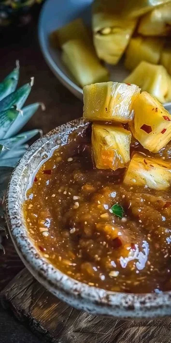 Salsa de piña y chipotle en un tarro, ideal para acompañar diversos platillos.