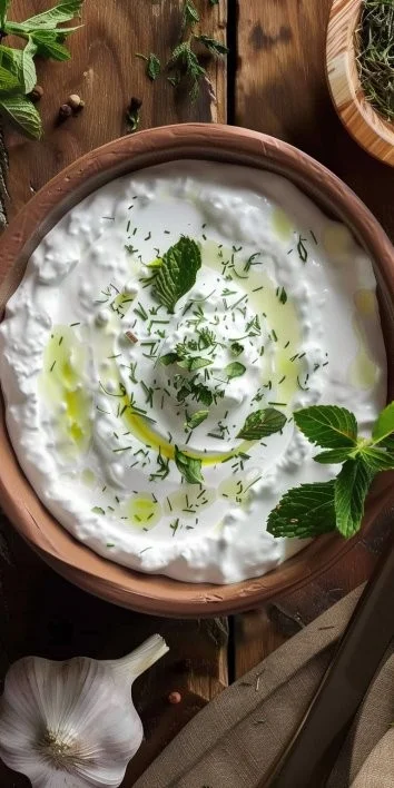 Plato de salsa de yogur con menta y ajo servido en una mesa
