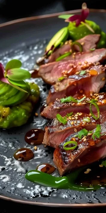 Tataki de Magret de Pato con Puré de Aguacate