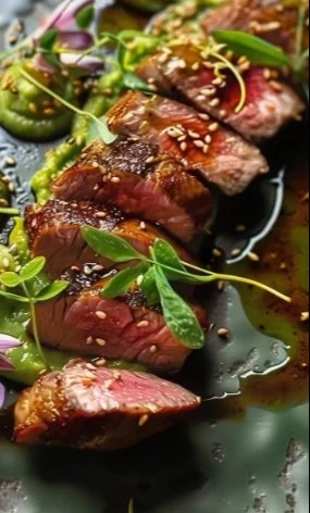 Tataki de Magret de Pato con Puré de Aguacate