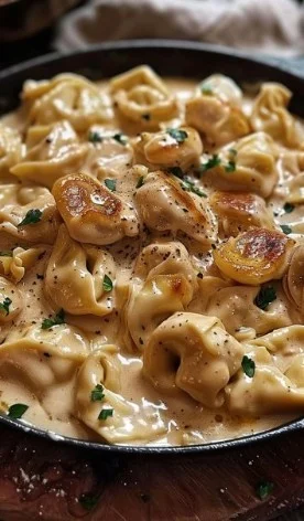 Plato de Tortellini Alfredo de Pollo, una receta cremosa y sabrosa.